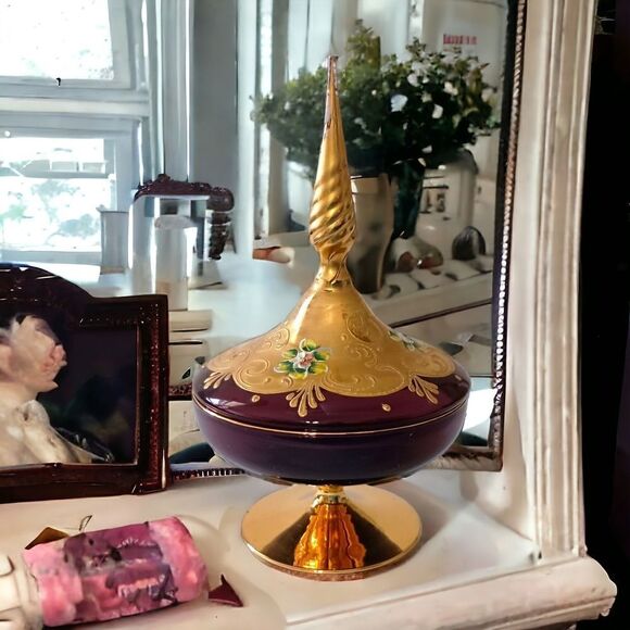 Ardalt Covered Dish Italy Gold Floral Amethyst Glass Gold Handpainted Vintage. - Picture 16 of 16